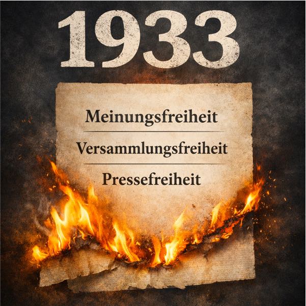 1933 Reichstagsbrand. Feuer verbrennt die Wörter Meinungsfreiheit, Versammlungsfreiheit, Pressefreiheit