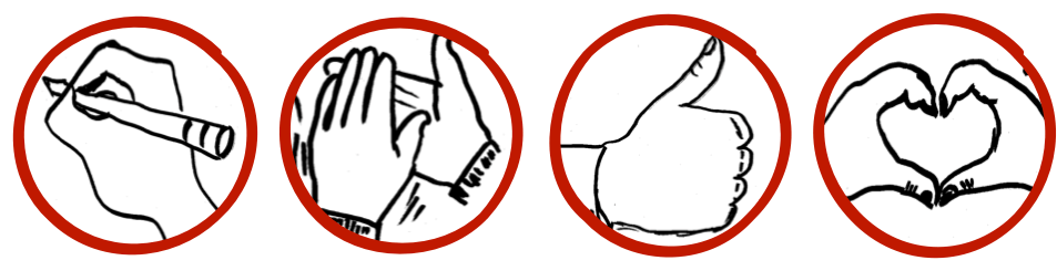 Symbole für schreiben, klatschen, liken, Herz