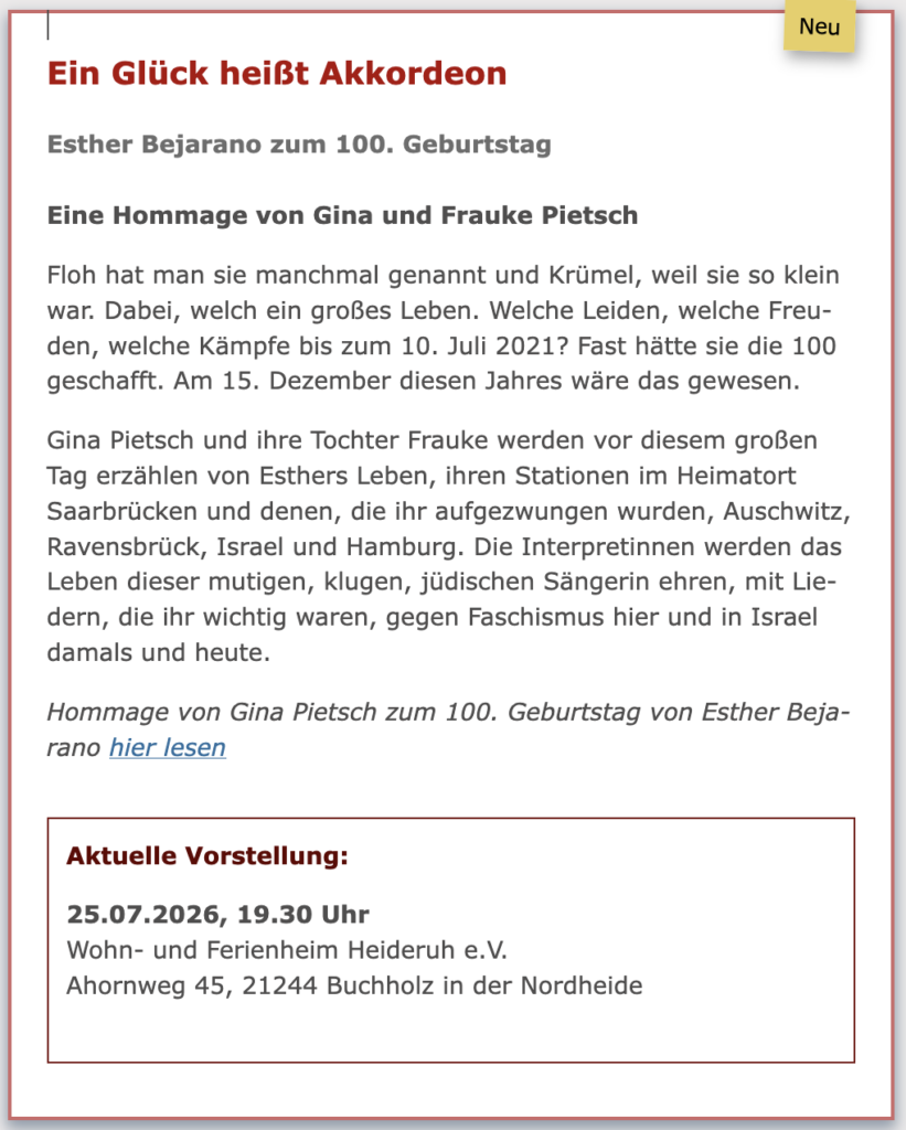 Text von Gina Pietsch zum 100. Geburtstag von Esther Bejarano